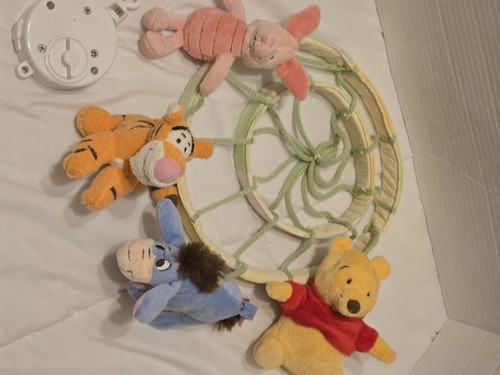 Vintage Disney Winnie The Pooh Mobile Wind Up Plush Green Blue Yellow Baby Decor - Picture 5 of 5