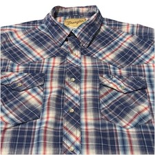 Wrangler Pearl Snap Shirt Men X-Large Red White Blue Plaid Long Sleeve Western
