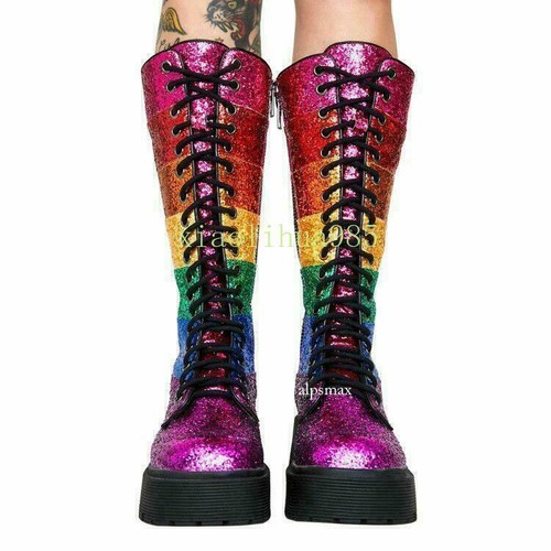 Moda Mujeres Chic Arco Iris Con Cordones Puntera Redonda Informal Media Pantorrilla Botas Zapatos US10 - Imagen 9 de 25