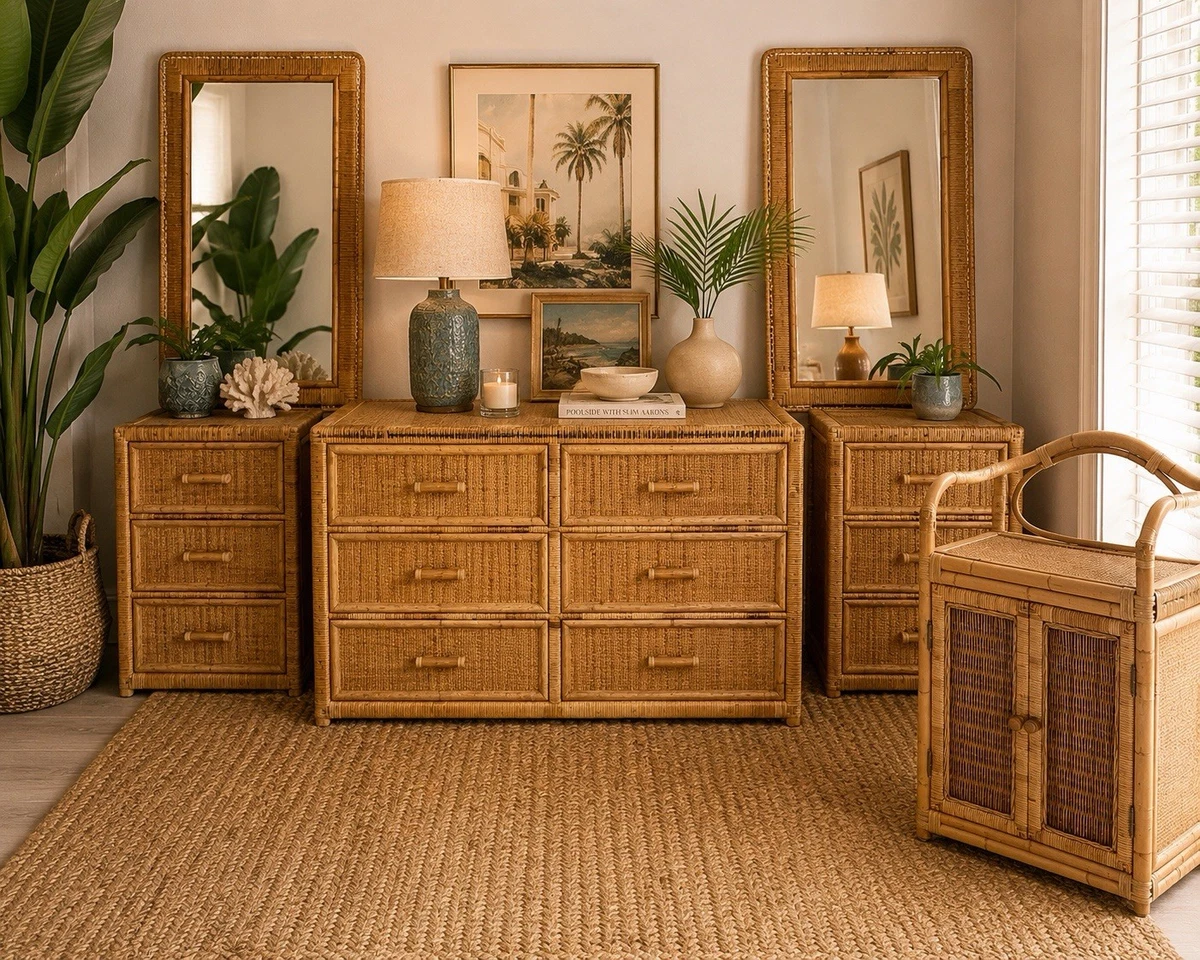 vintage rattan dresser – North Shore Exchange Perfect for bedrooms Vintage Wicker Dresser Boho Chic