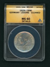 GERMANY WEIMAR LESSING 3RM 1929-J SILVER COIN SLABBED ANACS MS 60 DETAILS