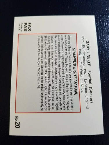 Gary Lineker Grampus Eight Japan Rookie Soccer Footballer 1993 Fax PAX UK #20 - Picture 2 of 2