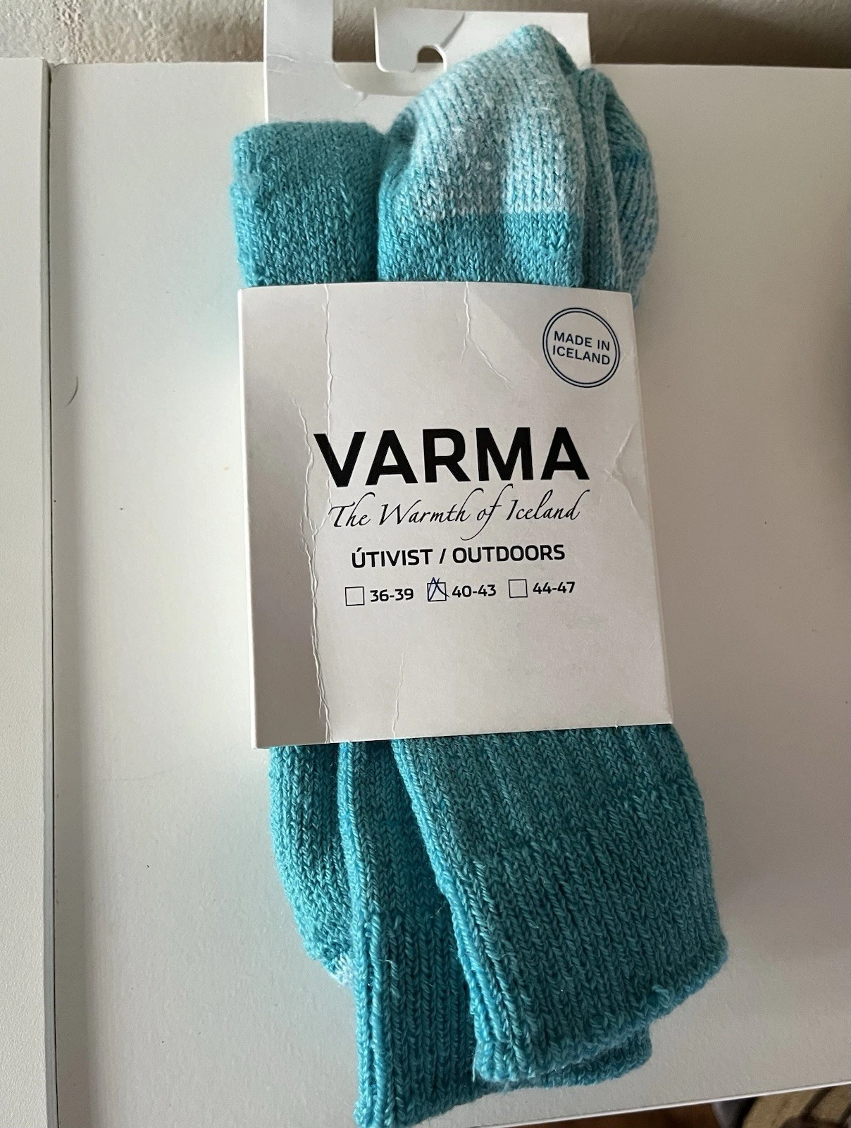 Varma Hiking Socks Wool Blend Light Teal Made In Iceland EU 40-43, US Men 10-12