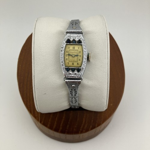 Antiguo Reloj Bulova 1924 Damas 17mm Tono Plata Art Deco Conjunto de Gemas Azules - FUNCIONA
