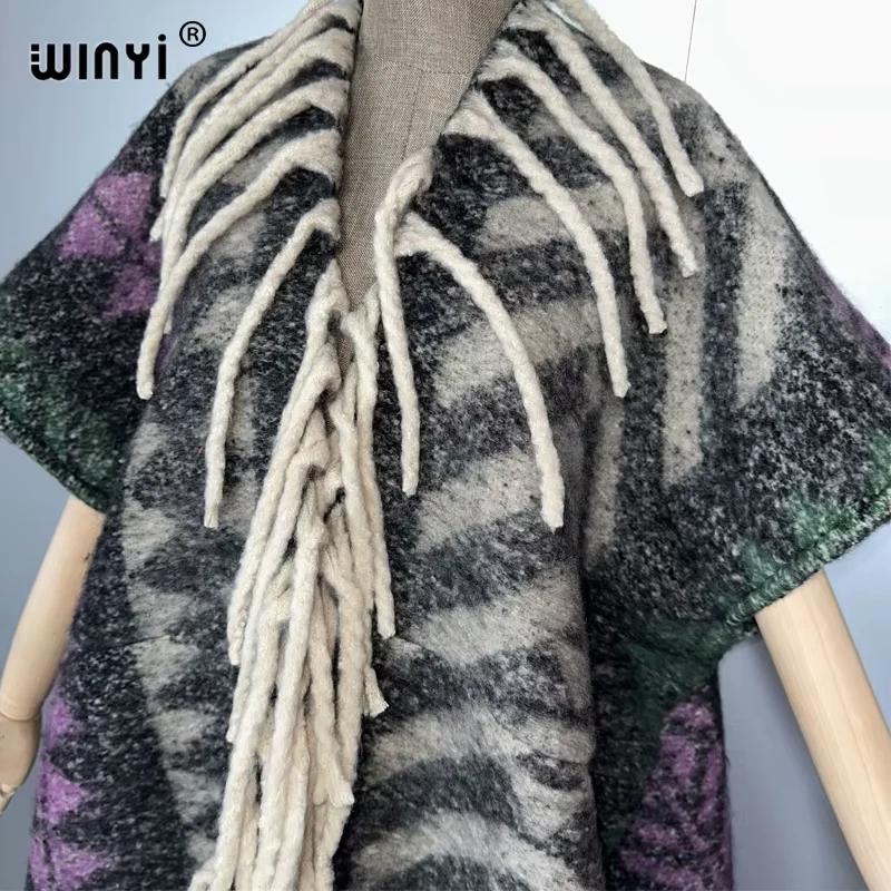 Winter Designer Top Woman Cloak Open Abaya Poncho Long Maxi Overcoat Thick Warm - Image 3 of 4