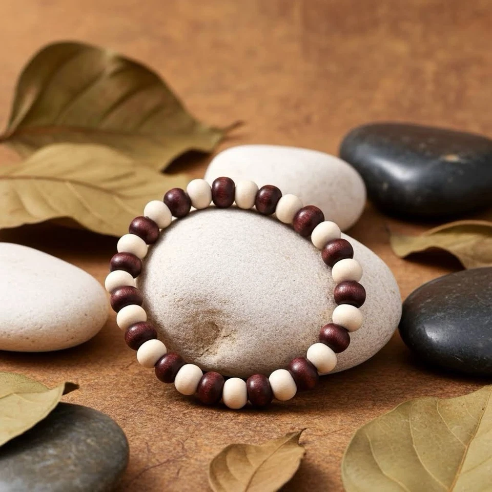 PULSERA BOHEMIA DE MADERA EN BLANCO Y MARRÓN 19/20cm - Imagen 2 de 4