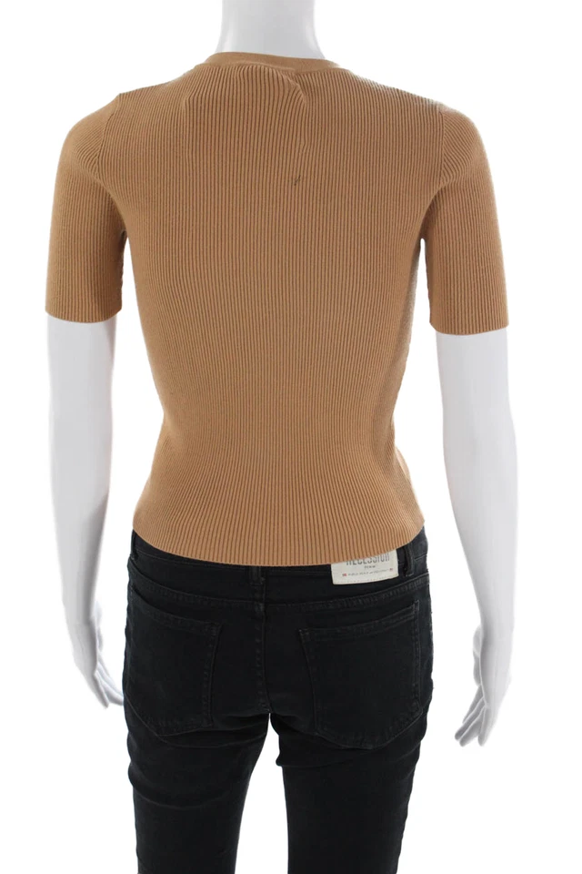 Camisa tejida acanalada cuello redondo manga corta Michael Kors Collection para mujer marrón XS Foto 3 de 4