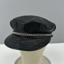 Black Leather Chain Biker Hat Cap Muir Newsboy Cabbie Costume Adjustable USA