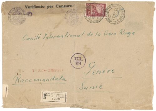 Rhodes 1942 Regis Cover to IRCC in Geneva w/5L Solo, Rhodes Censor h/s
