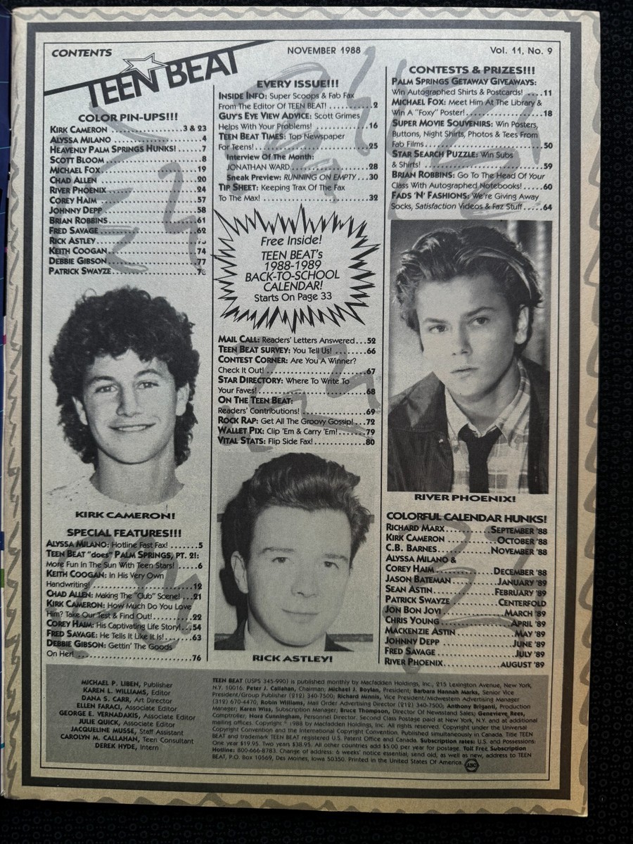 TEEN BEAT Magazine Nov 1988 Swayze, Alyssa, Kirk, River