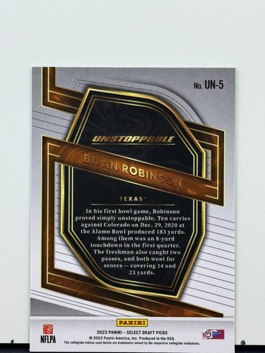 2023 Panini Select Draft Picks #UN-5 Bijan Robinson Unstoppable Rookie Card - Picture 2 of 2
