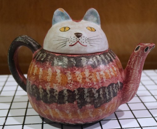 Whimsical Ceramic Cat Teapot Grey Maroon Striped Marked Italy 4.75 x 3.5"