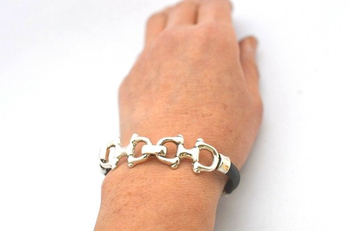 Taxco, mexikanisches Massiv 925 Sterlingsilber & Leder Pferd Bit Armband. "18 cm, 7" - Bild 10 von 12