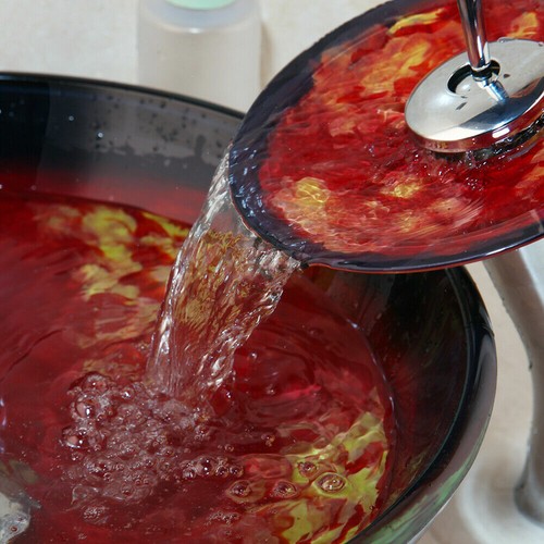 US Feuer Flamme Bad Glas Waschbecken Schüssel Gefäß Waschbecken Wasserfall Mischbatterie Abfluss - Bild 6 von 10