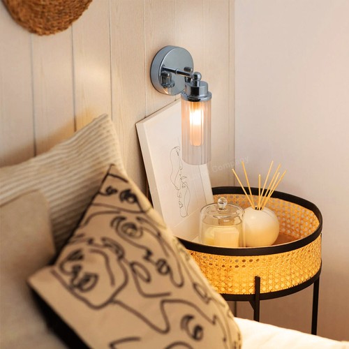 Ribbed Glass Single Bathroom Wall Light Polished Chrome Slim Side IP44 H3136 - Picture 11 of 13