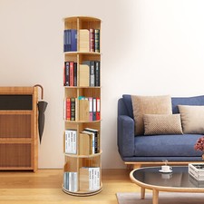 5 Tier Wood Cylindrical Rotating Bookcase Floor Standing Book Storage Rack