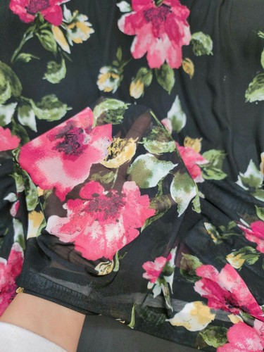 Black Mesh Fabric Four Way Stretch Fabric By The Yard Red Flowers  - Picture 6 of 8