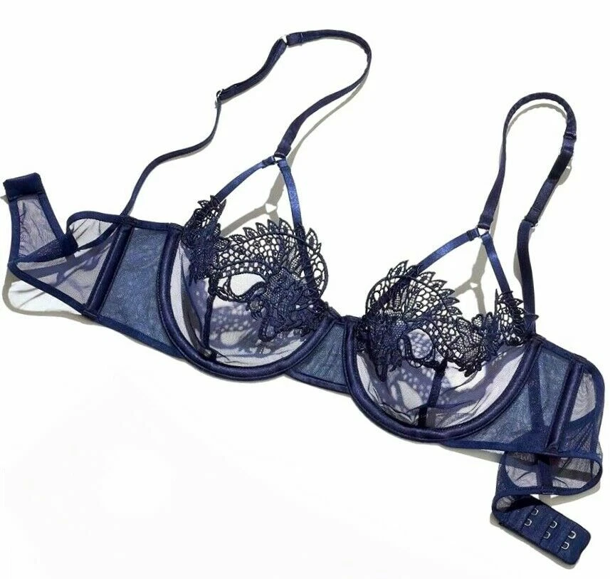 Victorias Secret Luxe Lingerie Unlined Dragon Lace Balconet Bra Dark Blue