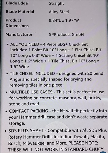 SDS PLUS CHISEL SET FOR SDS+ ROTARY HAMMERS W/ TILE CHISEL 4 PIECES AND CASE - Picture 4 of 4