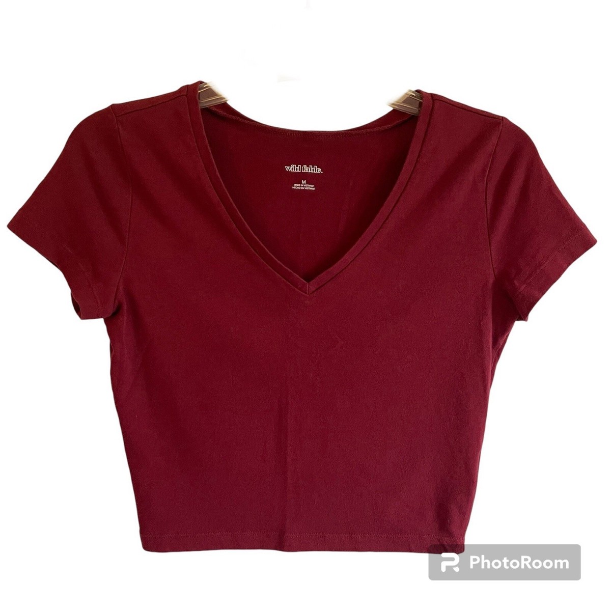 【新品未開封・送料無料】 Basic Fable Wild Solid T Top Crop Sleeve Short V-neck Red Clothing