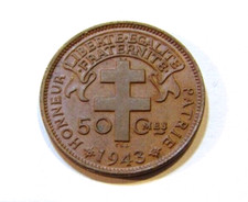 Cameroon 1943 50 Centimes Au Bronze Coin Rooster