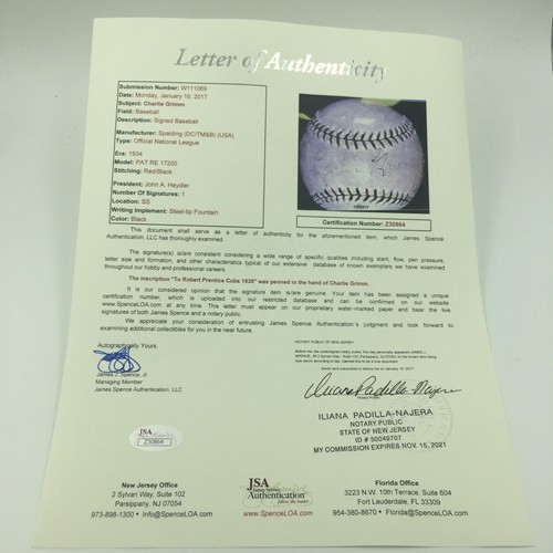 Charlie Grimm 1935 Chicago Cubs Signed National League Baseball JSA COA - Picture 6 of 8