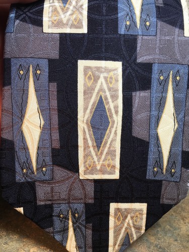 STANLEY BLACKER MENS TIE 59L Blue Gold Geometric Silk Made USA EUC - Picture 3 of 5