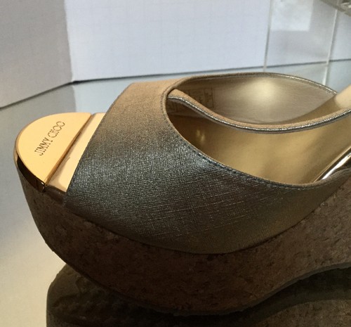 NUEVAS SANDALIAS DE CUÑA JIMMY CHOO Pela metálicas con correa en T, champán (Talla 41) - Imagen 7 de 12