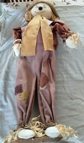 Scarecrow Figure Straw Hat Patchwork Outfit Shabby Distressed Rustic 33 in Tall - Picture 2 of 12