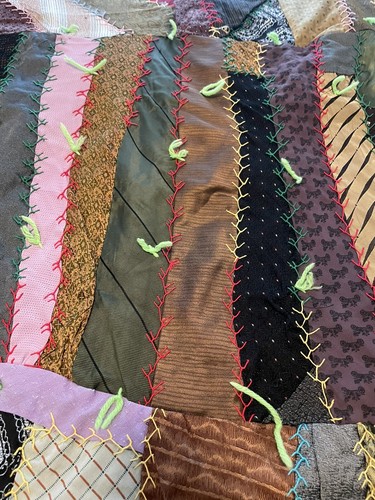 Vintage 48” x 78” Crazy Quilt Hand Stitched Heavy Backing Silk Necktie Fringe - Picture 12 of 23