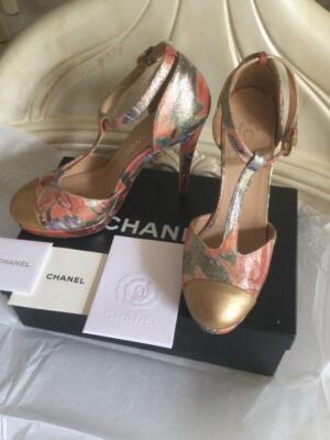 CHANEL Gold CC Logo Flower Pattern Ankle Strap Sandals EUR37 Used