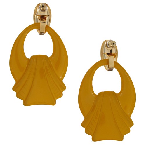 Chunky Large Black and Yellow Enamel Doorknocker Earrings Pierced Gold Tone 2.5" - Picture 4 of 4