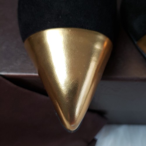 Gucci Womens Suede/Kidskin Strappy Gold Toe T-Strap Heels Black Size 37 - Picture 13 of 18