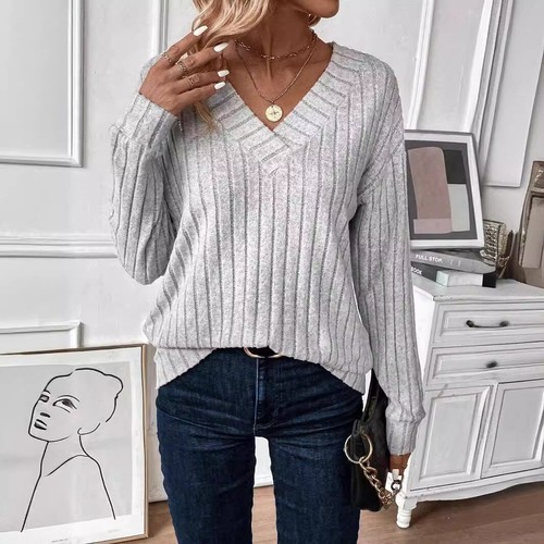 Damen Frauen Freizeit Tops Langarm V-Ausschnitt Strick Shirts Pullover Oberteil HEISS - Bild 6 von 18