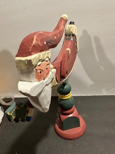 Folk Art Wooden Santa Claus on Pedestal base W/Jointed Arms - Afbeelding 10 van 12