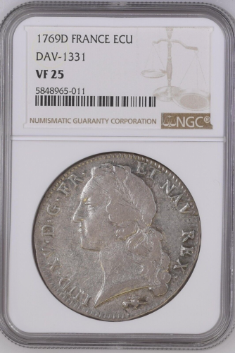1769-D FRANCE LOUIS XV SILVER ECU LYON MINT KM512.6 NGC VF 25 - Picture 3 of 4