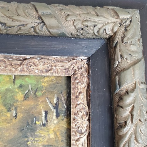 PITTURA PAESAGGIO OLIO VINTAGE SU TELA FIUME NEL BOSCO AL CREPUSCOLO ARTISTA FIRMATO - Foto 10 di 12