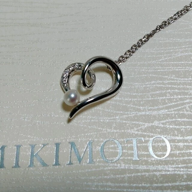 MIKIMOTO Corazón Motivo Perla Diamante Collar K18 Oro Blanco Casi Nuevo - Imagen 3 de 4