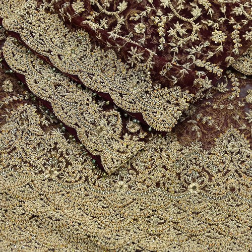 Vintage Heavy Wedding Maroon Dupatta Net Mesh Long Stole Hand Embroidered Scarf - Picture 2 of 23