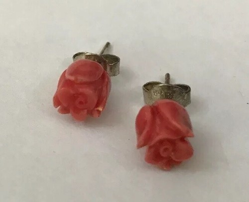 Vtg Sterling Silver 8mm Carved Rose Bud Natural Red Pink Coral Stud Earrings D - Picture 7 of 7