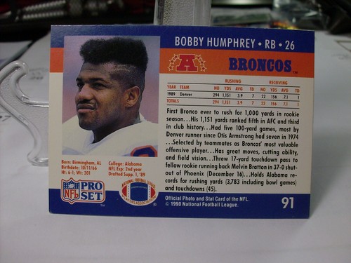 1990 Pro Set Football #91 - Bobby Humphrey - Denver Broncos 90-625 - Picture 2 of 2