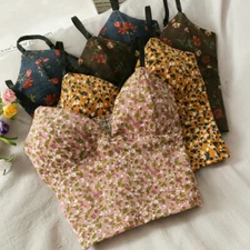 Women Floral Corduroy Vest V Neck Elastic Short Tank Crop Top Camisole Sexy