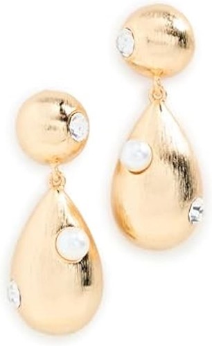 Kenneth Jay Lane, Gold Drop Clip Earrings With Pearl & Crystals - Picture 2 of 5