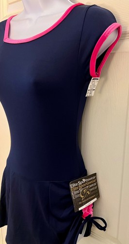 GK FIGURE SKATE ADULT SMALL ASYM CAP SLV NAVY PINK VELVET CINCH SKIRT DRESS AS - Picture 5 of 11