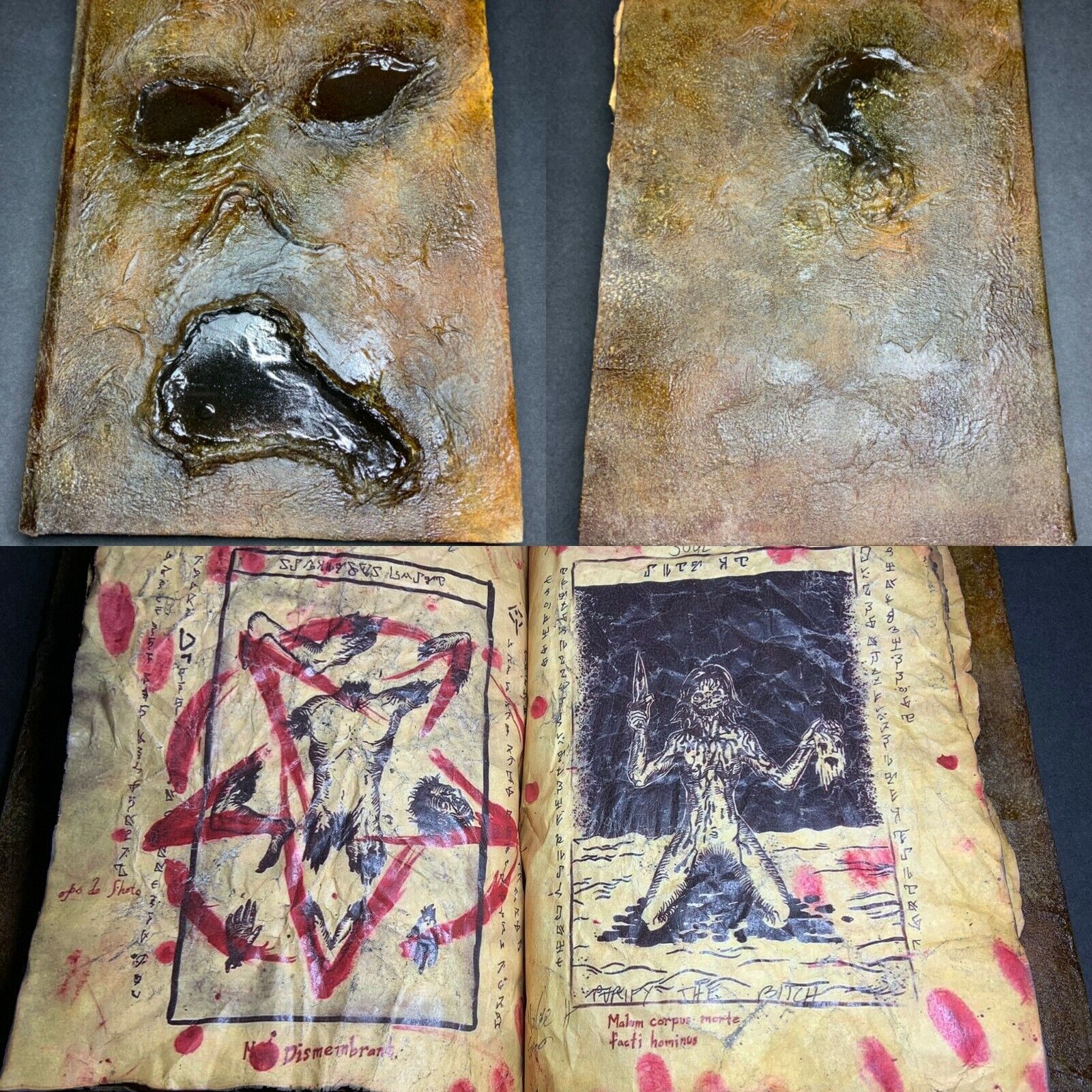 Evil Dead Rise, Necronomicon, Book of the Dead aged printed book pages