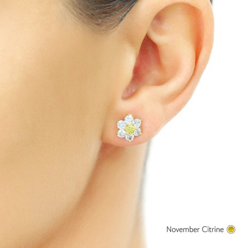 Pendientes con tachuelas de circonita cúbica con halo de flores enchapados en oro macizo de plata de ley 925 - Imagen 25 de 27