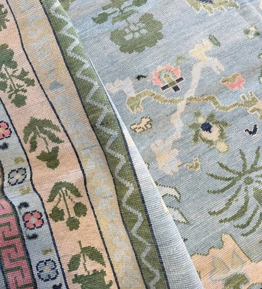 Modern Oushak Hand Knotted Rug 10x14 Lt. Blue 100% Wool Floral Carpets for Home - Image 3 of 4