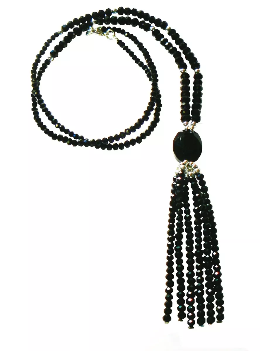 Black Tassel Necklace Glass Beads Dangle Fringe Silver tone Accents 30 Long