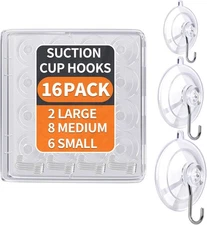 Suction Cup Hooks 16-Pack Assorted Sizes - 6 Small 8 Medium 2 Large