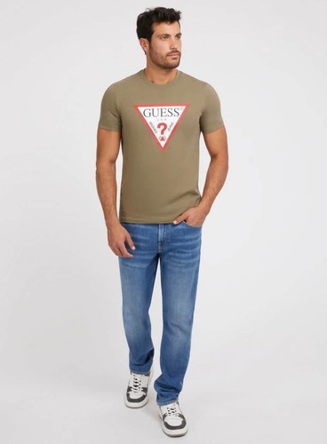 Guess Mens SS Triangle Logo T-Shirt Olive Green - Picture 5 of 8